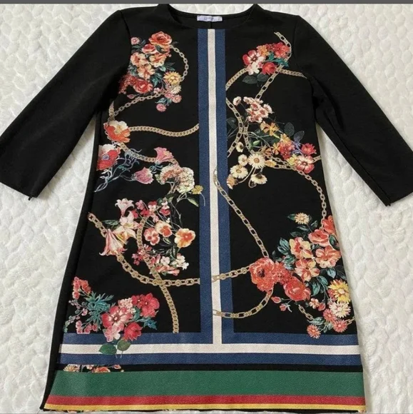 Zara Basic Women's 3/4 Sleeve Floral Print Mini Sheath Dress - Picture 2 of 10